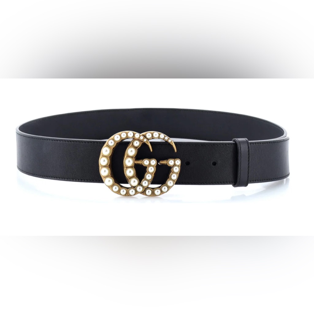 Gucci Black Belt With Pearl Gold Gg Buckle